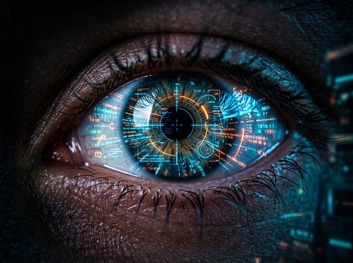 What Skills Can Gaming Improve? Career Benefits Explained 5 Close-up of a human eye with a high-tech digital interface overlay, symbolizing gaming skills, technology, and cognitive enhancement. Perfect for articles on gaming's career benefits.