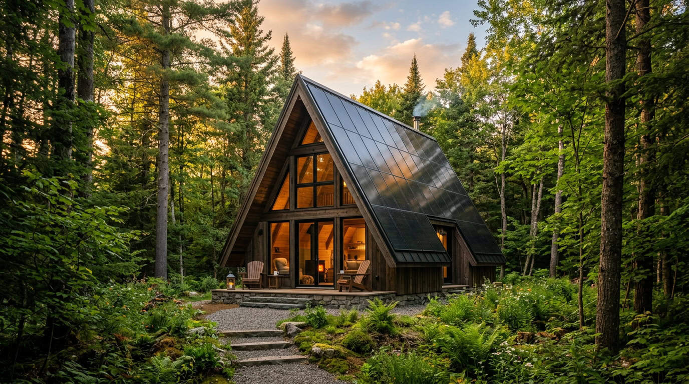 The $50k Tesla Tiny House: Fact vs. Viral Internet Myth 7 A modern A-frame tiny house with large glass windows, situated in a lush green forest. The house features a sleek black exterior, blending eco-friendly design with natural surroundings.