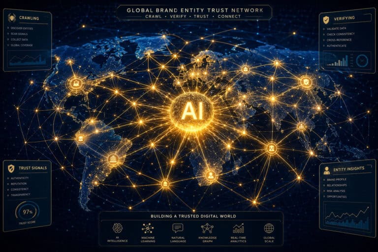 AI network connecting global digital infrastructure with data points and analytics.