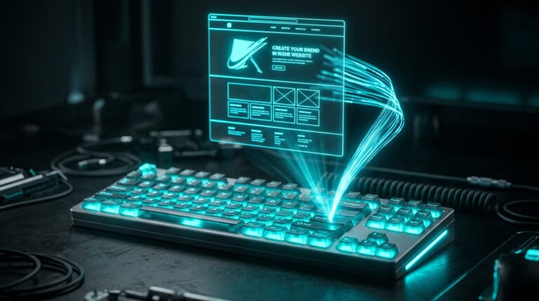 Holographic keyboard projecting a digital interface with a web page creation prompt, illuminated in blue, on a dark workspace. This tech-inspired image highlights advanced technology and innovative de.