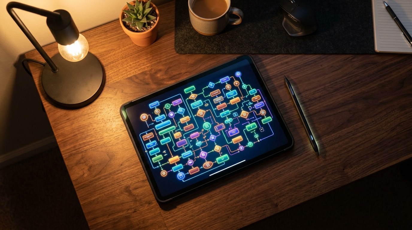 Top-down shot of a digital tablet showing complex visual flowcharts layered on a desk.