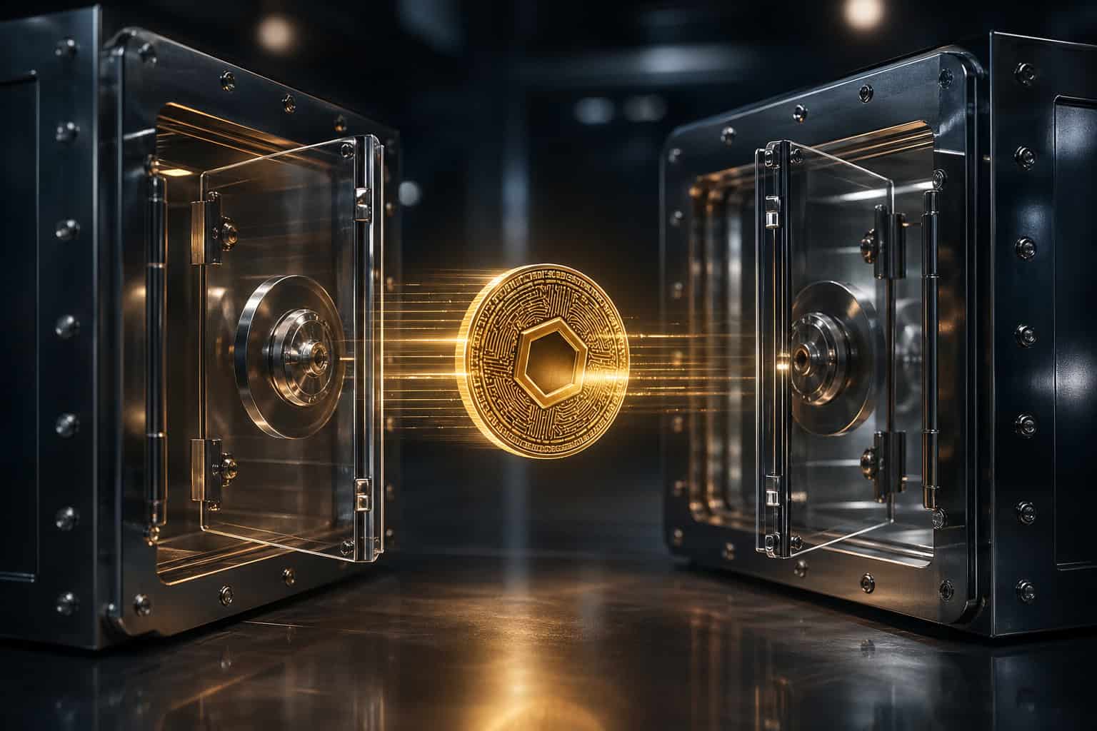 Digital coin between two secure vault safes, symbolizing cryptocurrency security and digital asset protection.