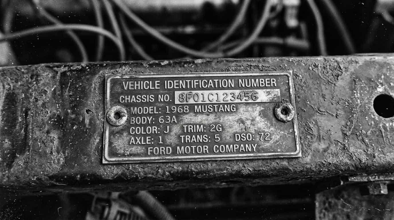 Vintage Ford Mustang vehicle identification plate showing chassis number, model year 1968, and engine specifications.