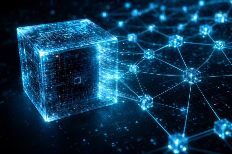 Digital data cube representing quantum computing technology with interconnected nodes and glowing blue digital network.