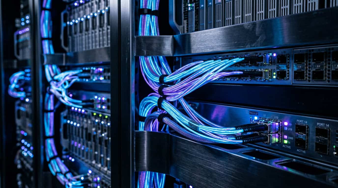 Close-up of futuristic server racks with glowing fiber optic cables in a data center.