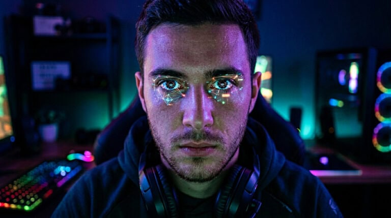 Close-up of a young male gamer with neon makeup and intense expression, surrounded by gaming equipment and colorful LED lighting in a high-tech gaming setup.