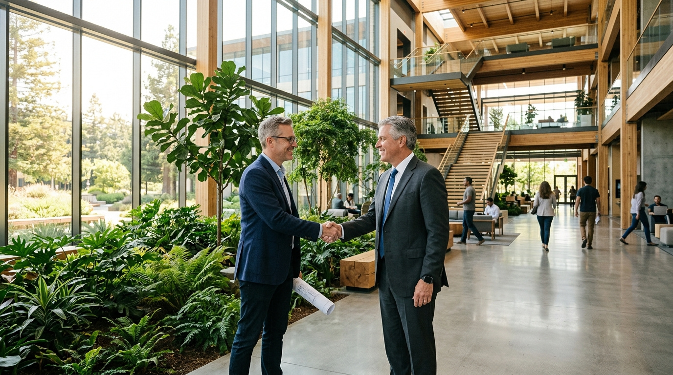 Two professionals shaking hands warmly in a bright and spacious modern technology campus lobby.