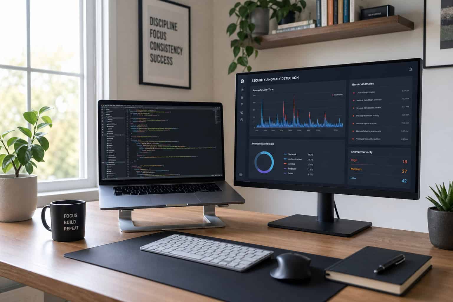 Secure cybersecurity workspace with code development and threat detection dashboards.