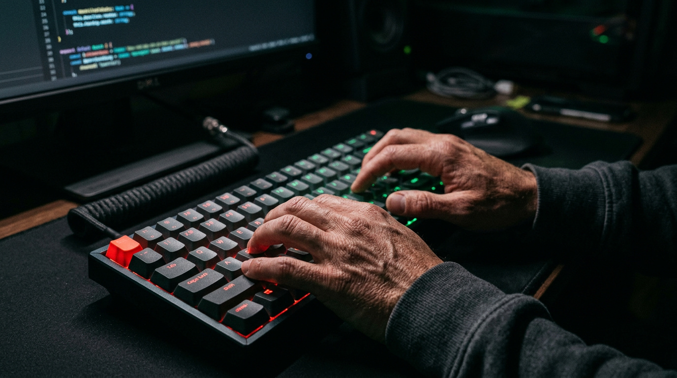 Close-up of a programmer's hands typing on a mechanical keyboard under moody lighting.