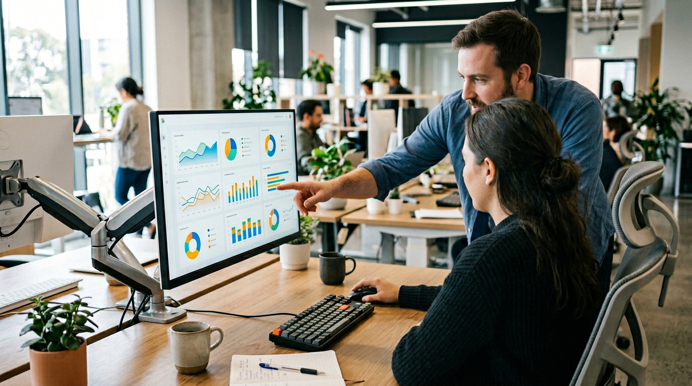 Two developers working together in a bright office looking at abstract data on monitors.