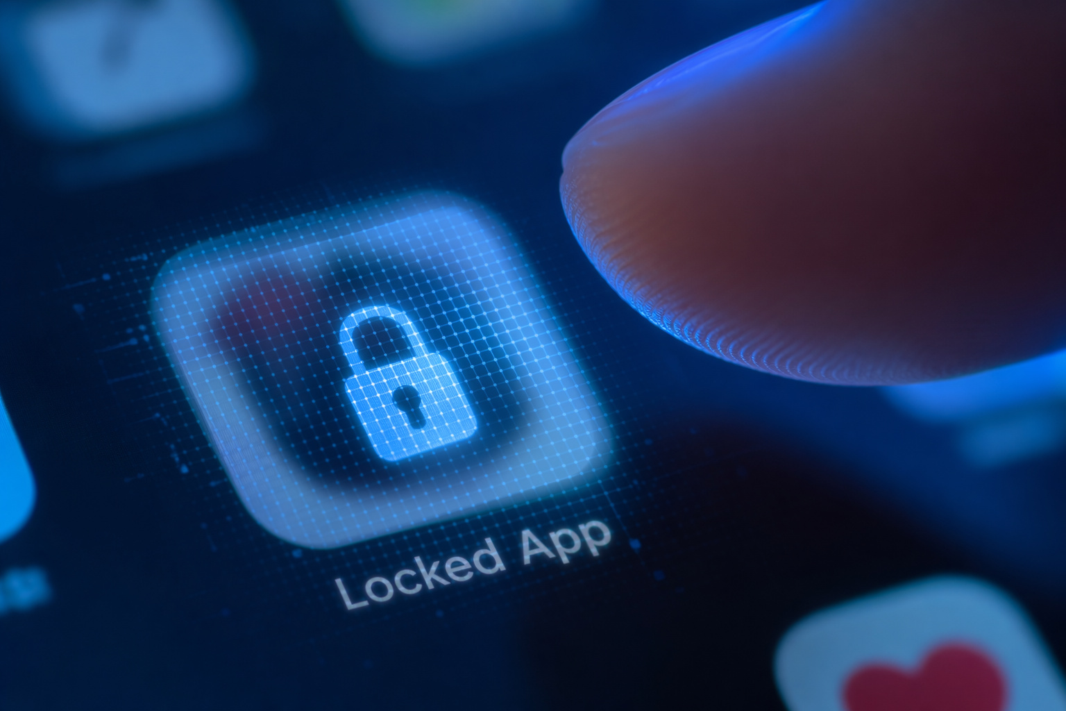 Close-up of a smartphone screen displaying a locked app icon with a finger about to unlock it, emphasizing mobile security and app protection.