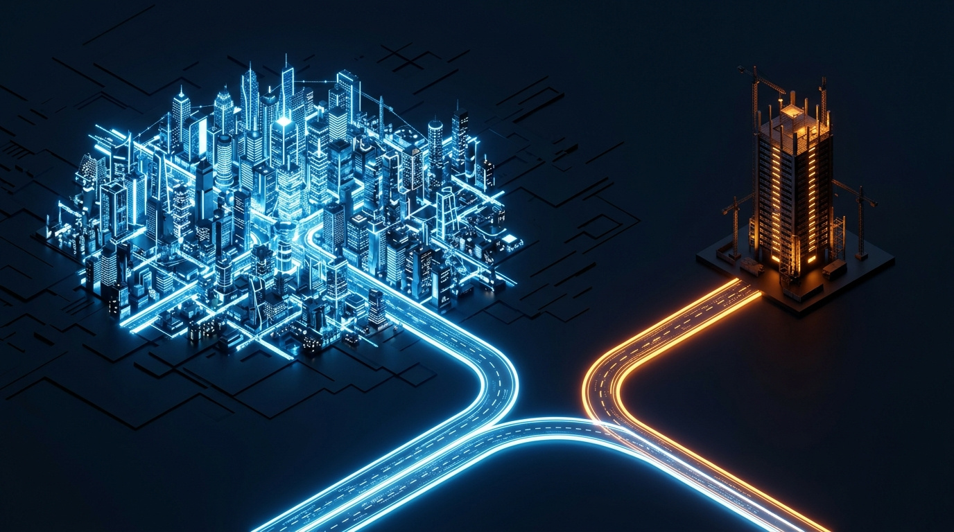 Isometric illustration showing two glowing digital paths leading to different styled technology networks.