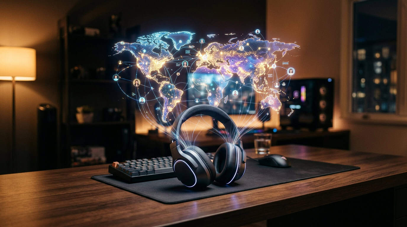 How Video Game Skills Translate to Real Careers 4 A modern gaming headset emitting glowing digital lines that connect to a global community.