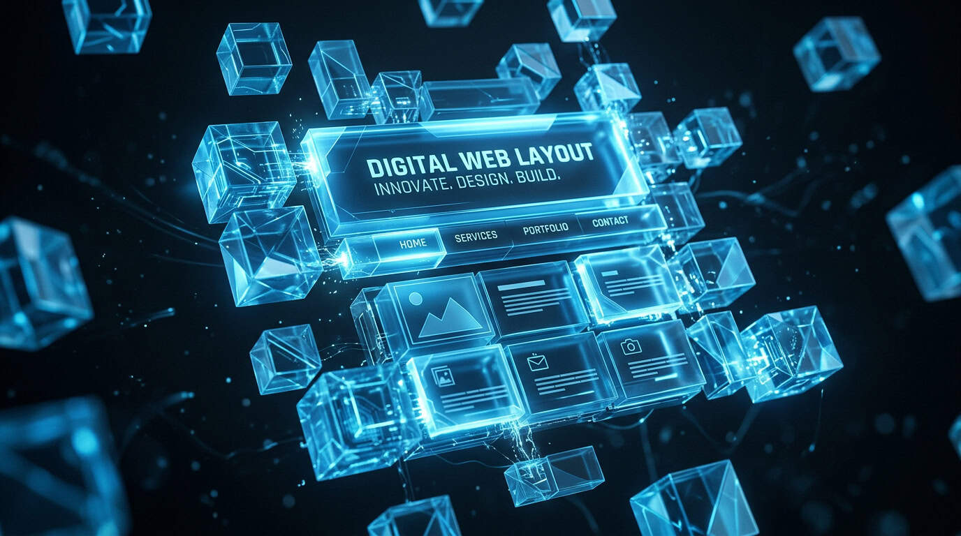 Floating glowing geometric blocks assembling mid-air into a structural digital web page format.