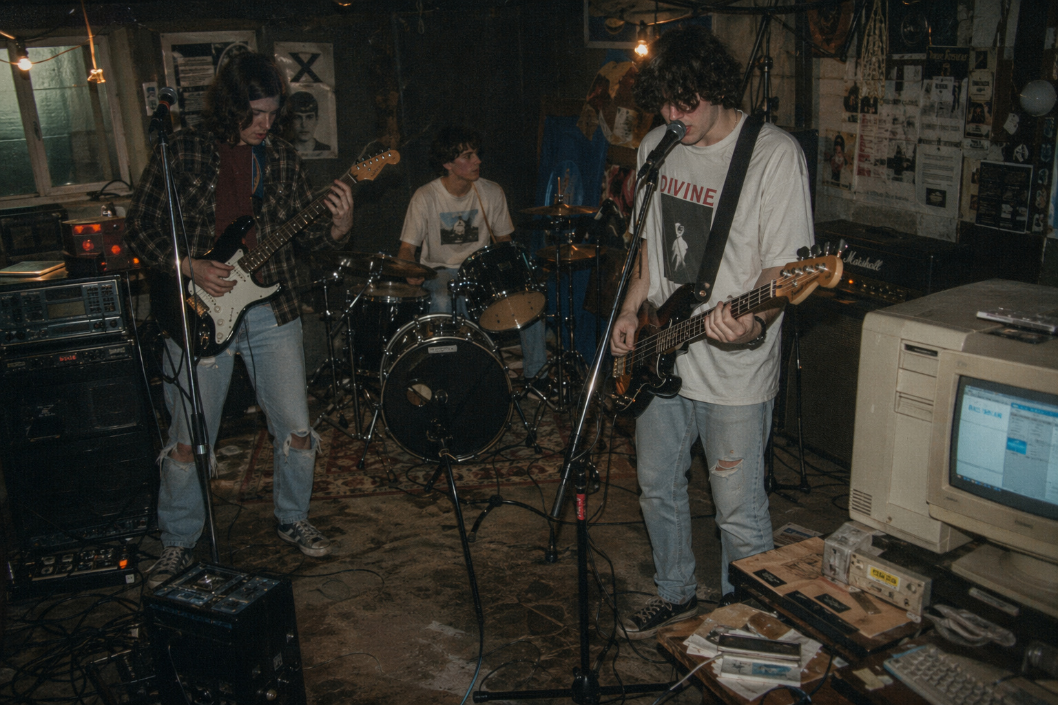 A band of young musicians playing guitars and drums in a cozy, retro-style rehearsal space, emphasizing indie and alternative music culture.
