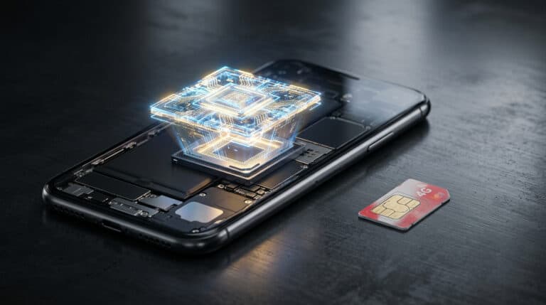 Modern smartphone showcasing a holographic digital chip projection, emphasizing advanced mobile technology and innovative electronic components.