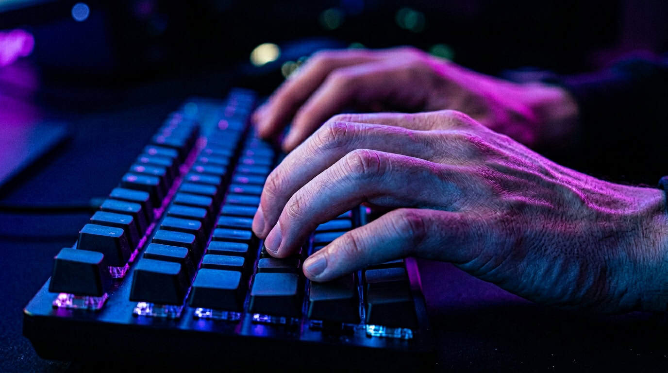 How Video Game Skills Translate to Real Careers 5 Close up of hands tightly gripping a glowing mechanical keyboard, highlighting focused muscle tension.