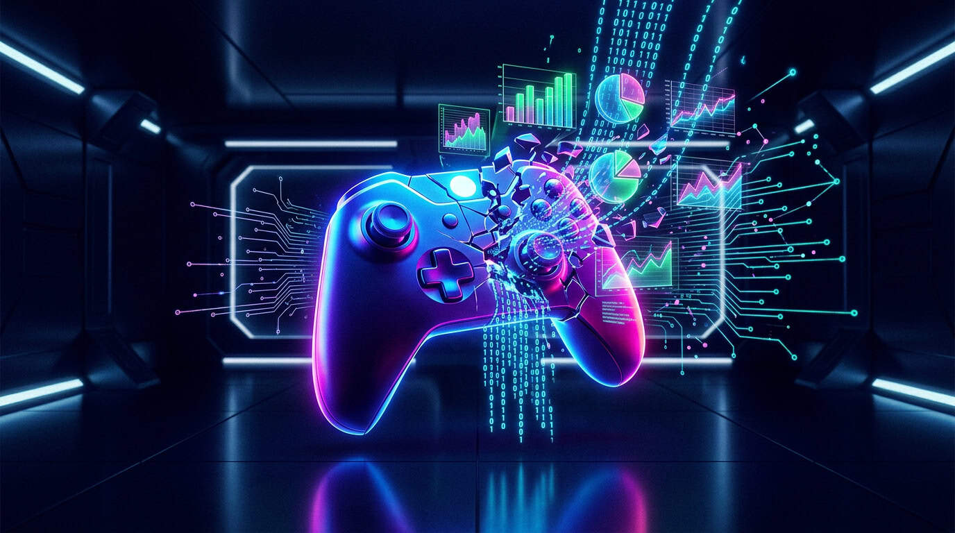 How Video Game Skills Translate to Real Careers 2 A video game controller dissolving into complex financial charts and glowing statistical data streams.