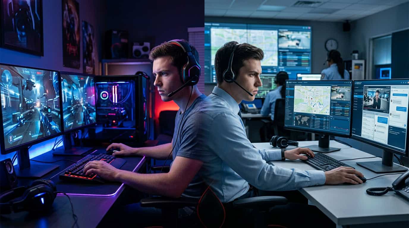 How Video Game Skills Translate to Real Careers 7 A visual split showing a gaming setup seamlessly transitioning into an emergency response workstation.