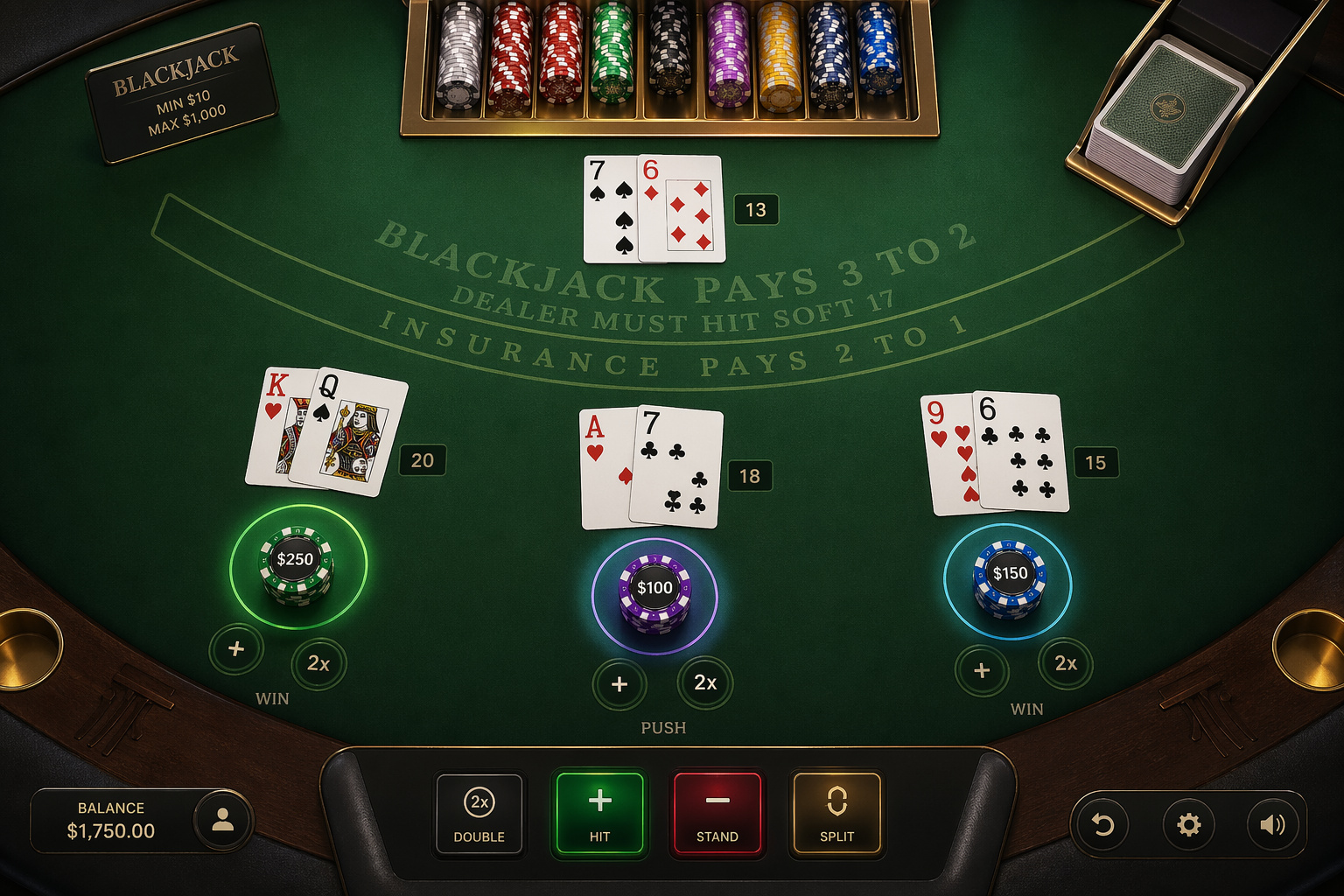 High-resolution image of a casino blackjack table showing betting chips, playing cards, and game controls, ideal for gambling, casino gaming, and online betting content.