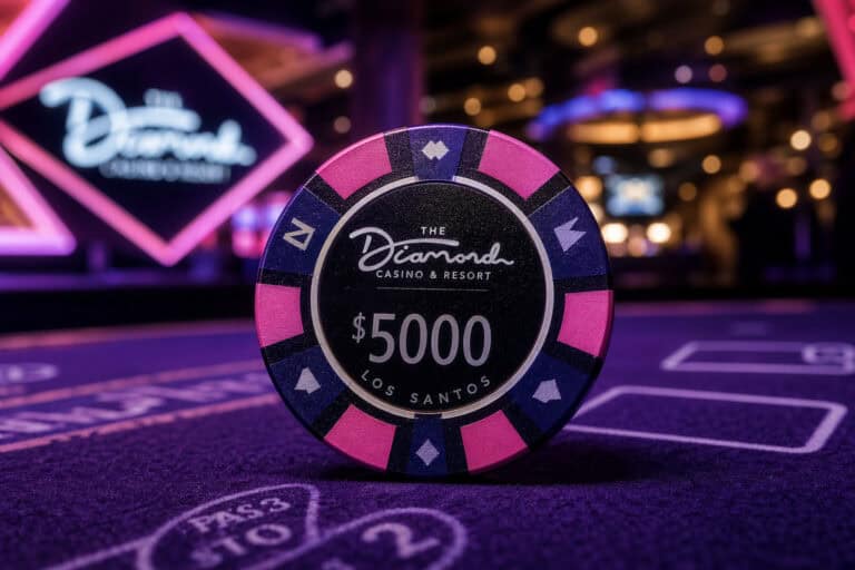 Casino chip featuring $5000 value at The Diamond Casino & Resort, Los Santos, with colorful lighting and gaming tables in the background.