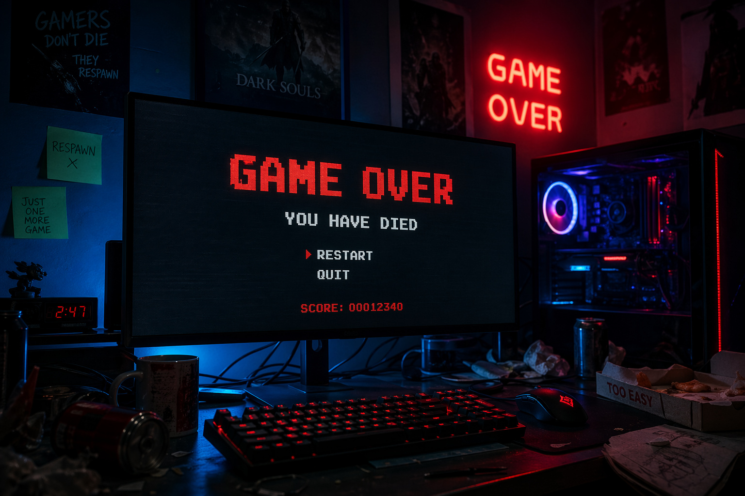 Gaming setup featuring a large monitor displaying "Game Over" message, illuminated by colorful LED lights, with a gaming keyboard, mouse, and PC tower in a dark room.