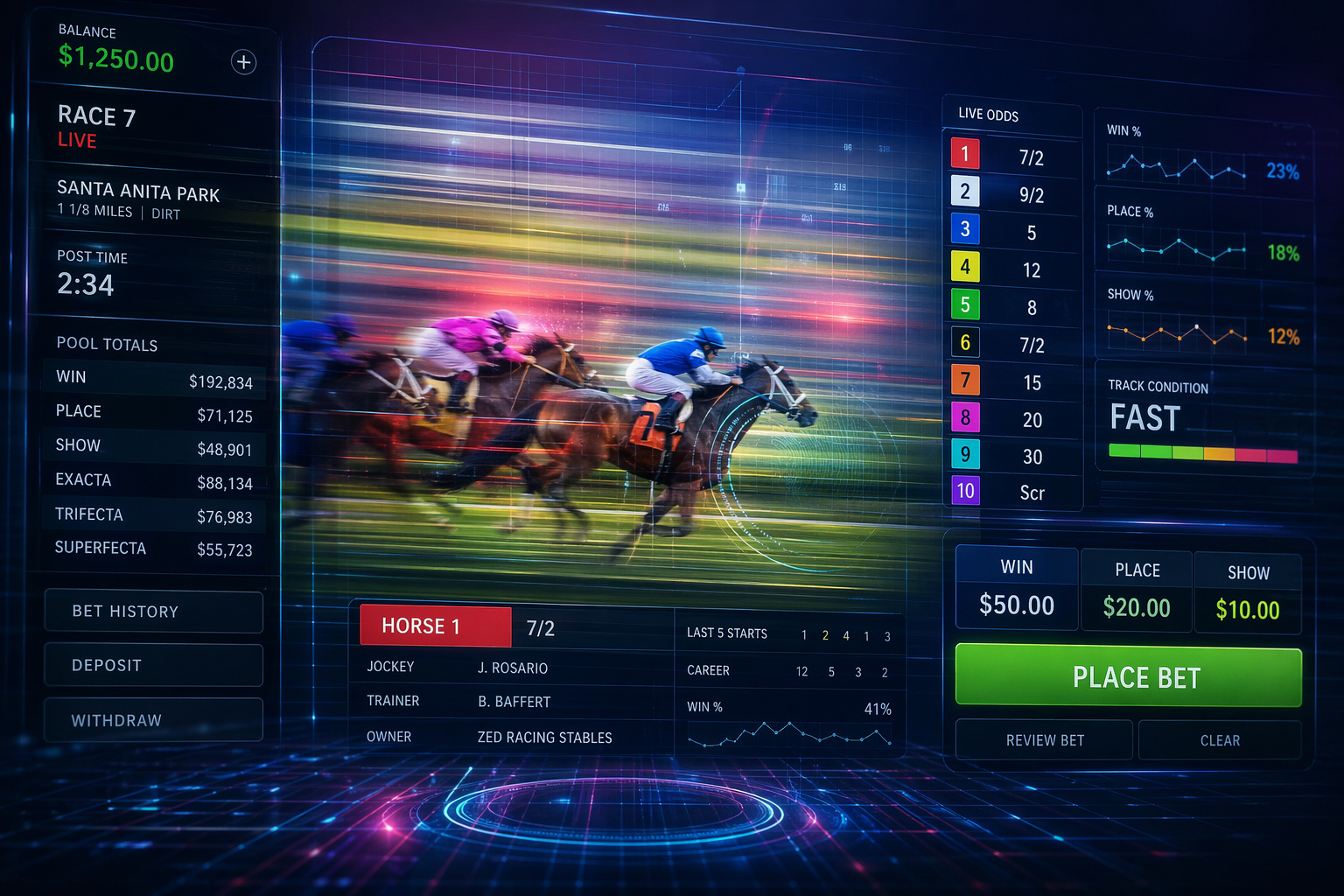 Exciting horse race at Santa Anita Park with jockeys racing on colorful track, digital betting interface, and live odds display. Perfect for sports betting enthusiasts and racing fans.