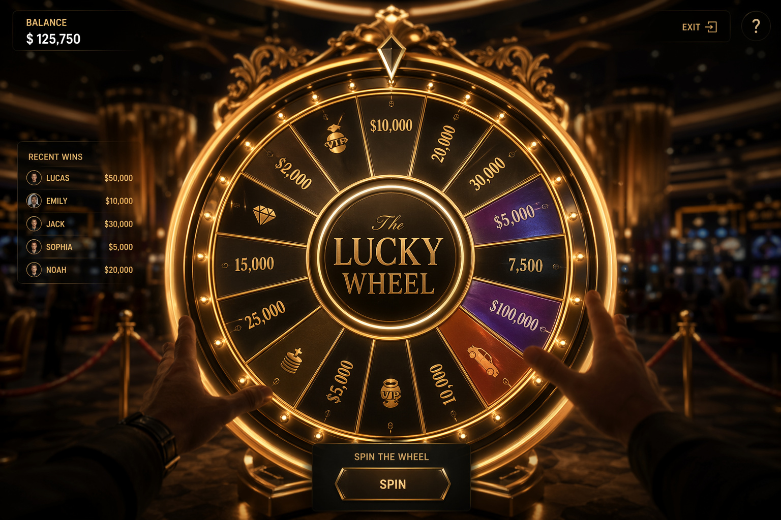 A person spins a glowing golden lucky wheel at a casino, featuring various prize amounts and symbols, creating an exciting gaming atmosphere.