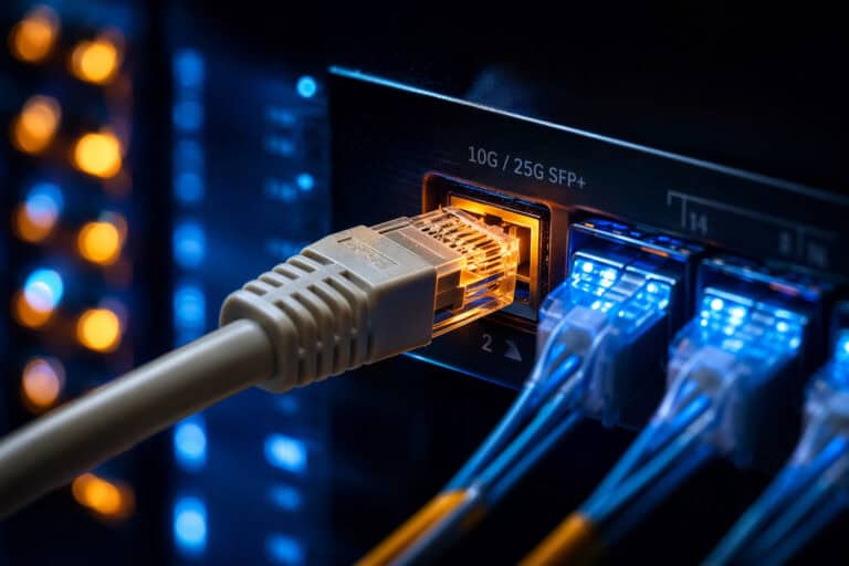 Close-up of Ethernet cables connected to a network switch, highlighting high-speed data transfer and reliable internet connectivity for tech enthusiasts.
