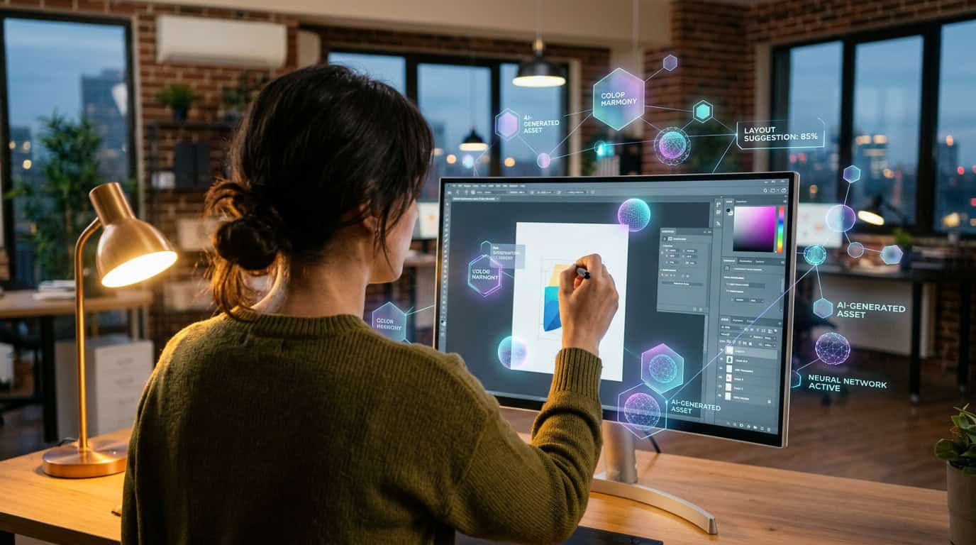 Designer using a digital screen alongside floating AI nodes in a modern workspace.