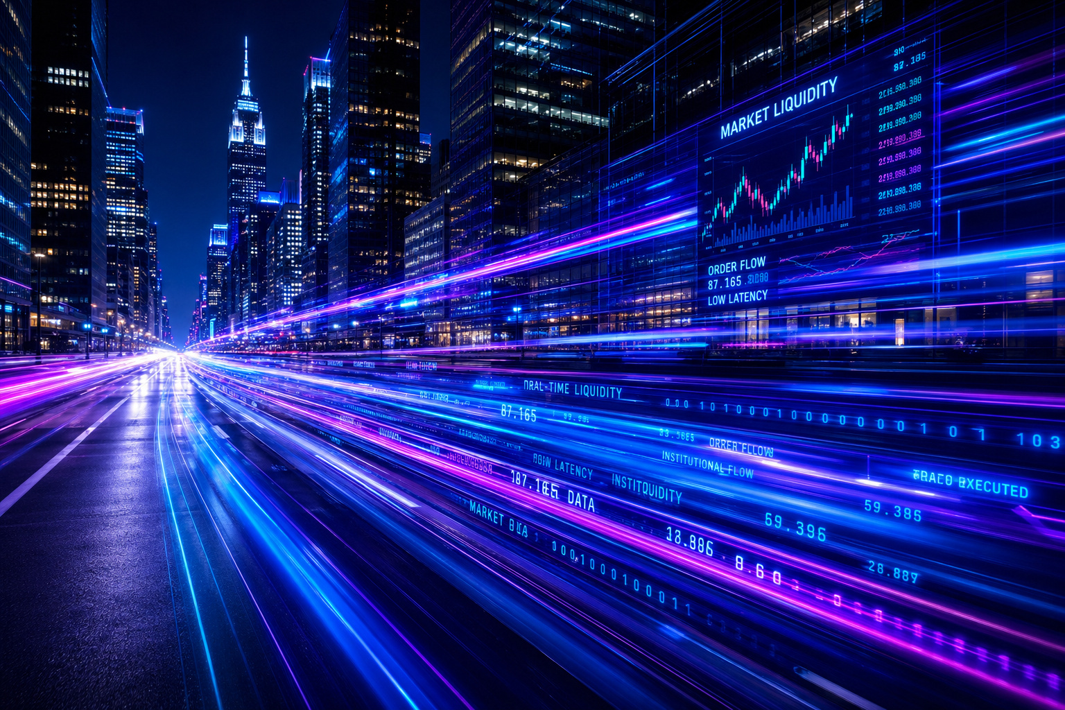 Night city skyline with digital data streams and stock market charts, representing technology, finance, and data analytics in an urban environment.