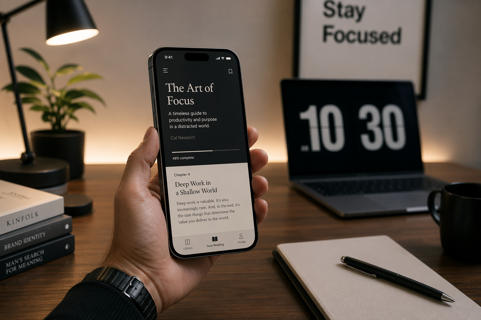 Close-up of a person holding a smartphone displaying "The Art of Focus" article, with a laptop, notebook, and desk accessories in a modern workspace setting.