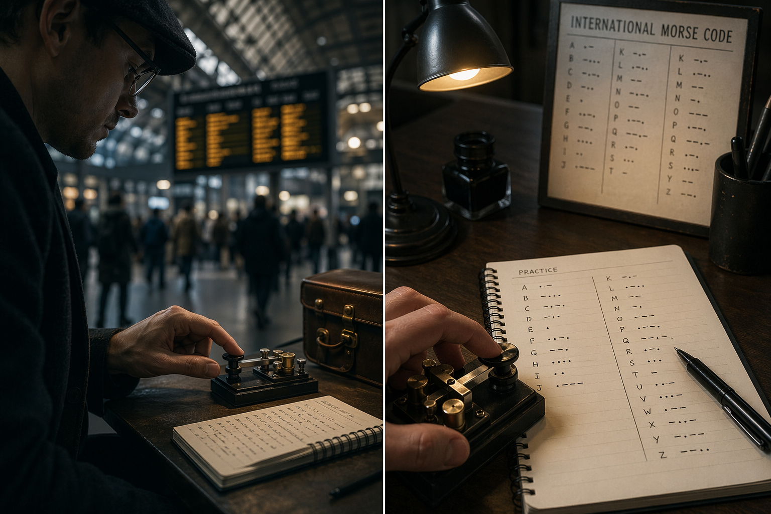 Man using a vintage Morse code device at a busy train station with digital departure boards in the background.