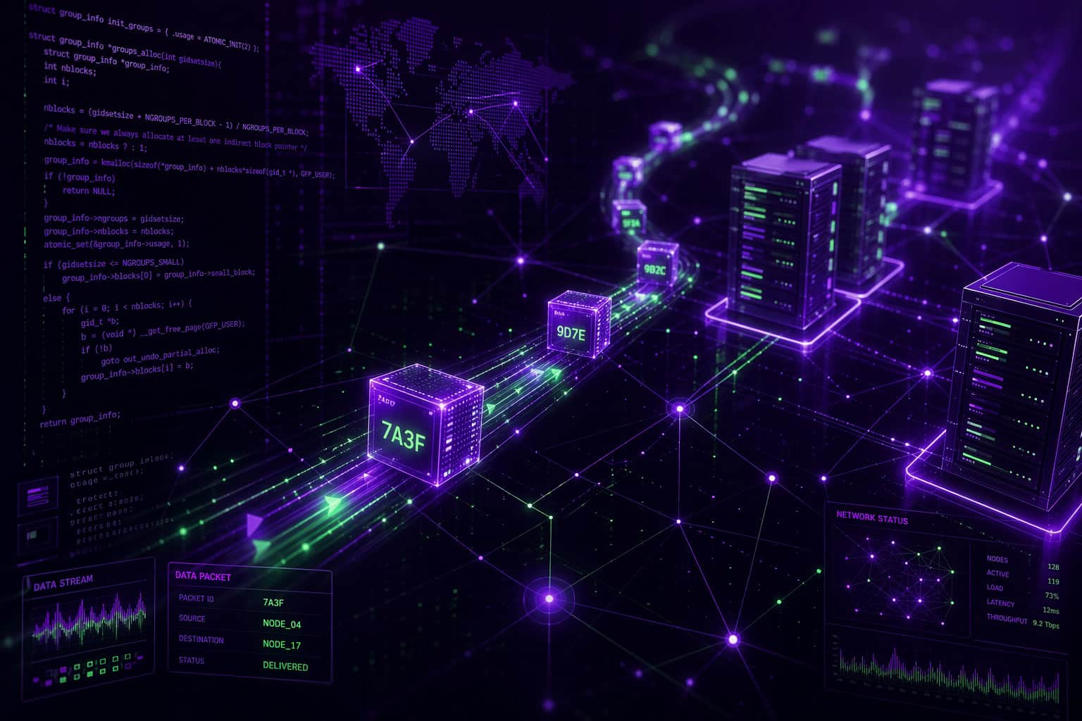 Futuristic digital network with interconnected servers, data streams, and glowing data blocks representing advanced data transfer and cybersecurity concepts.
