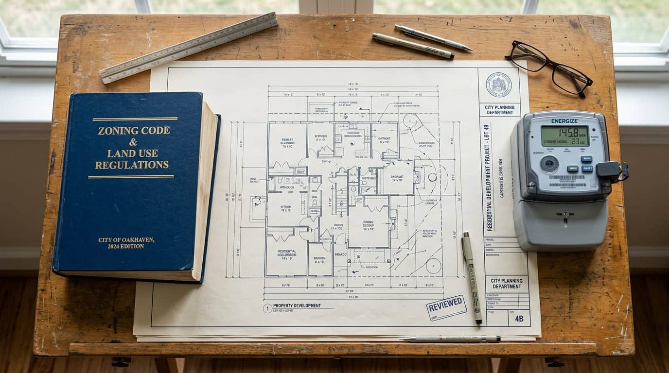 The $50k Tesla Tiny House: Fact vs. Viral Internet Myth 6 Blueprint of a tiny house with drafting tools and energy meter on wooden table.