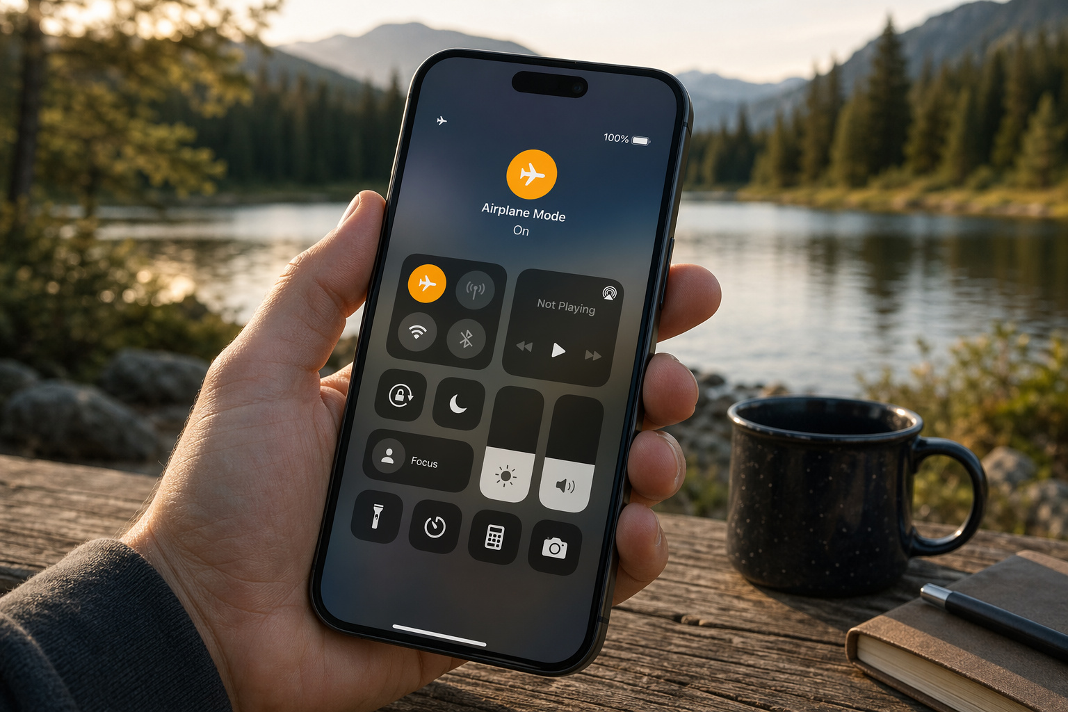 Smartphone displaying airplane mode settings outdoors near a lake with mountains in the background.
