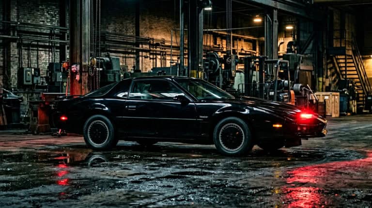 A sleek black sports car parked inside an industrial warehouse with exposed brick walls, metal pipes, and dim lighting, creating a gritty, urban atmosphere.