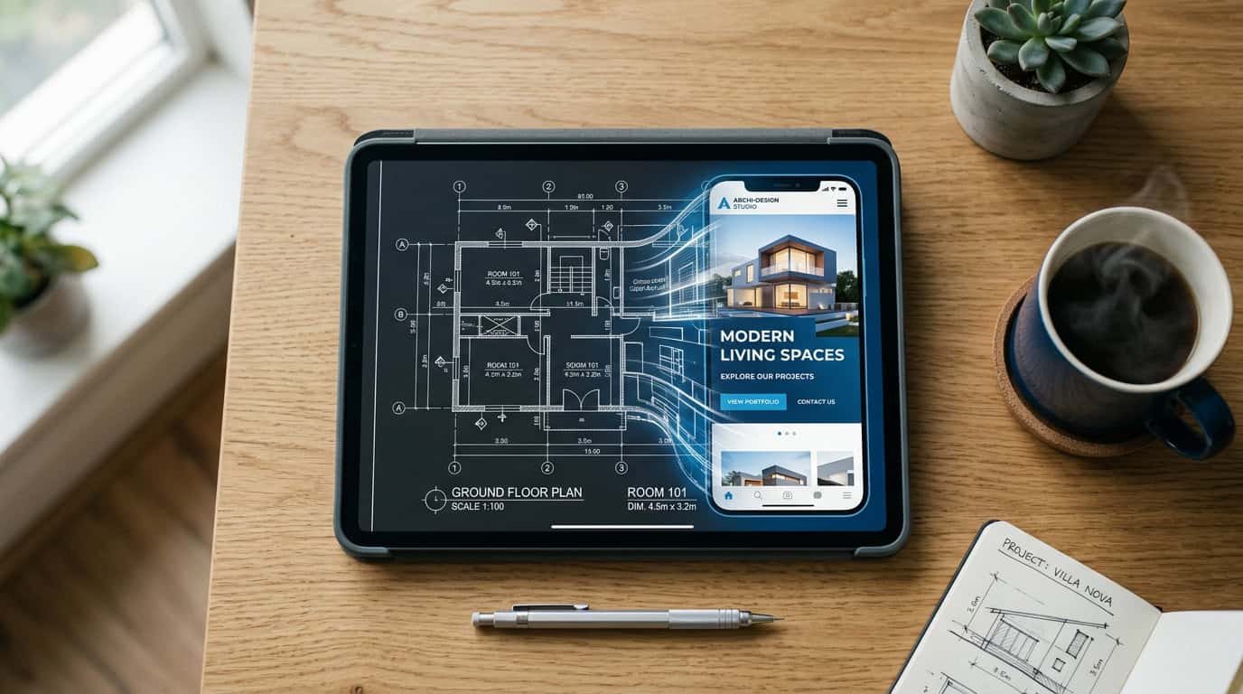 Digital tablet on a desk displaying an architectural blueprint morphing into a website.