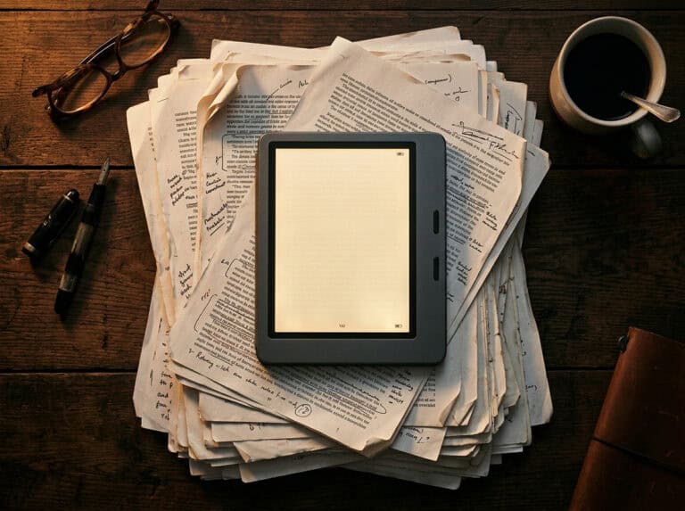 E-reader on a cluttered desk with scattered papers, glasses, and a coffee mug, highlighting the review of converting Word documents to Kindle format and assessing the value of formatting costs.