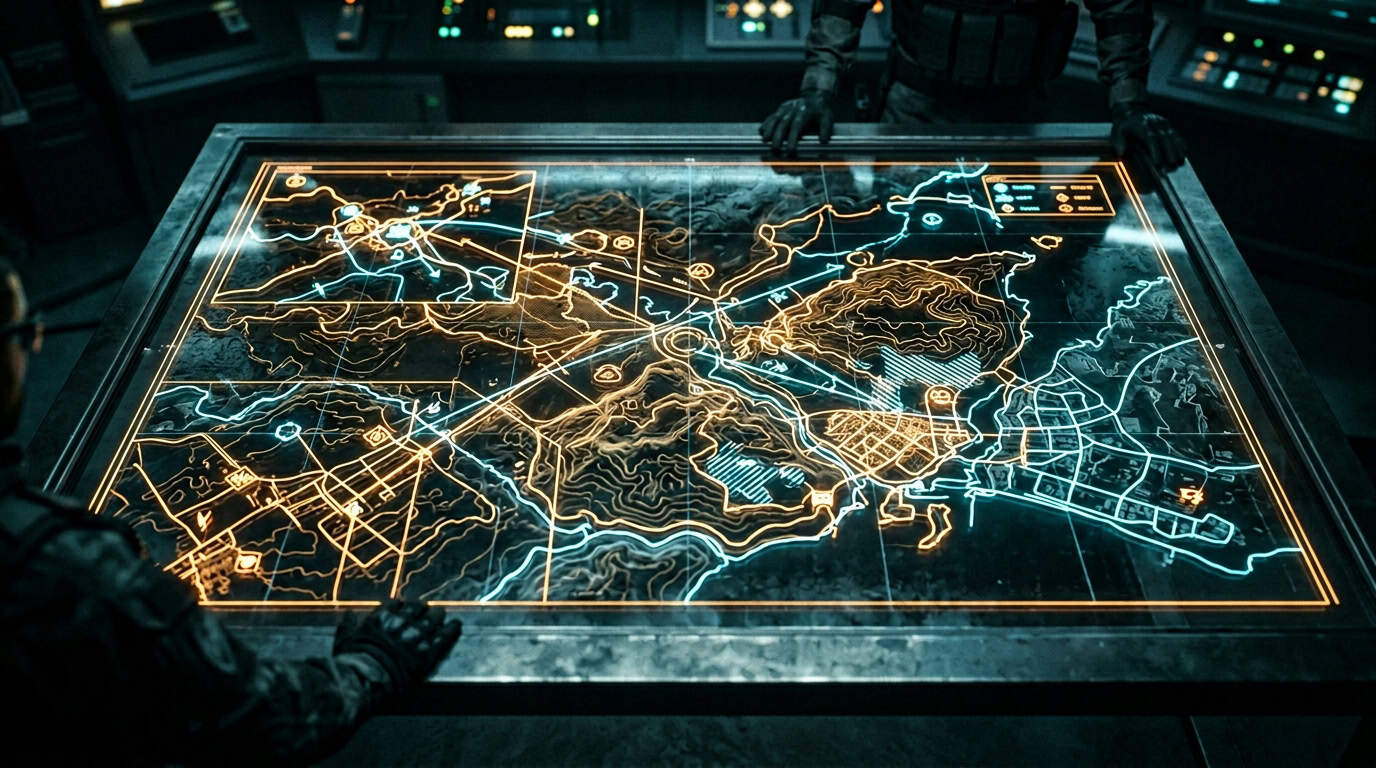 How Video Game Skills Translate to Real Careers 3 A glowing, futuristic tactical map laid out on a dark glass table displaying strategic variables.