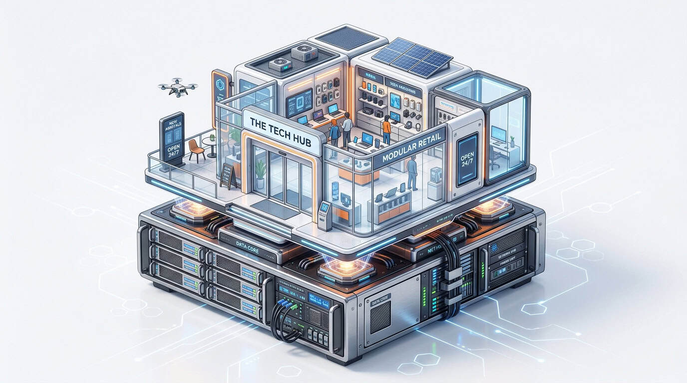 Isometric 3D illustration of a modular storefront layered on top of enterprise server bases.