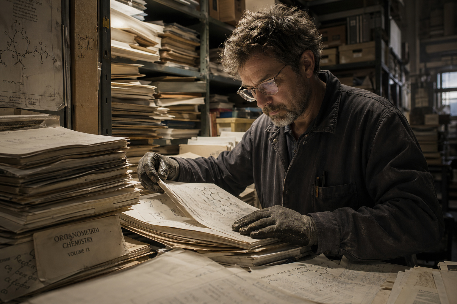 Archive researcher examining documents in a library or archive, surrounded by shelves filled with old files and papers, focusing on historical or scientific records.