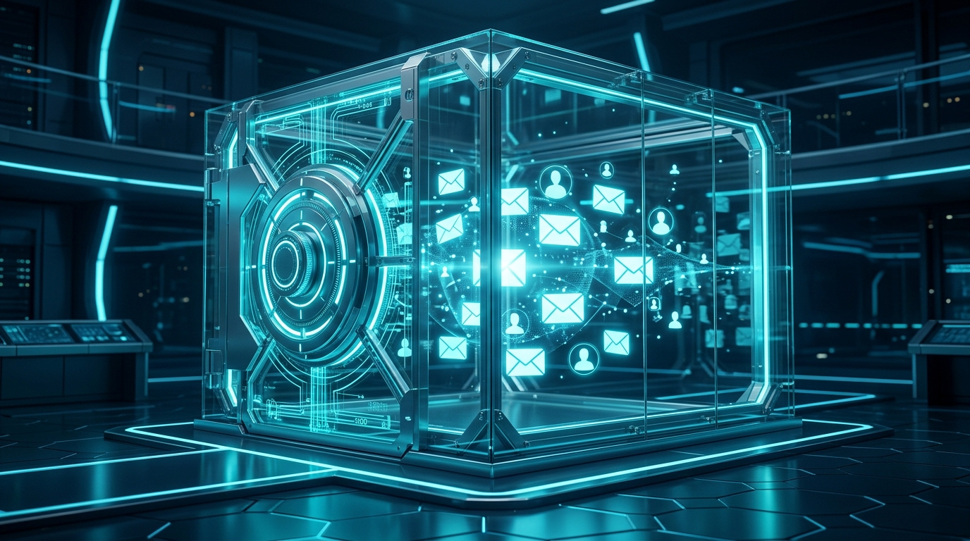 A futuristic glass vault protecting glowing floating envelopes and digital avatars in blue light.
