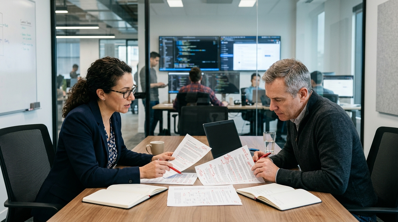 Two experienced tech professionals reviewing heavily marked printed documents in a glass conference room.