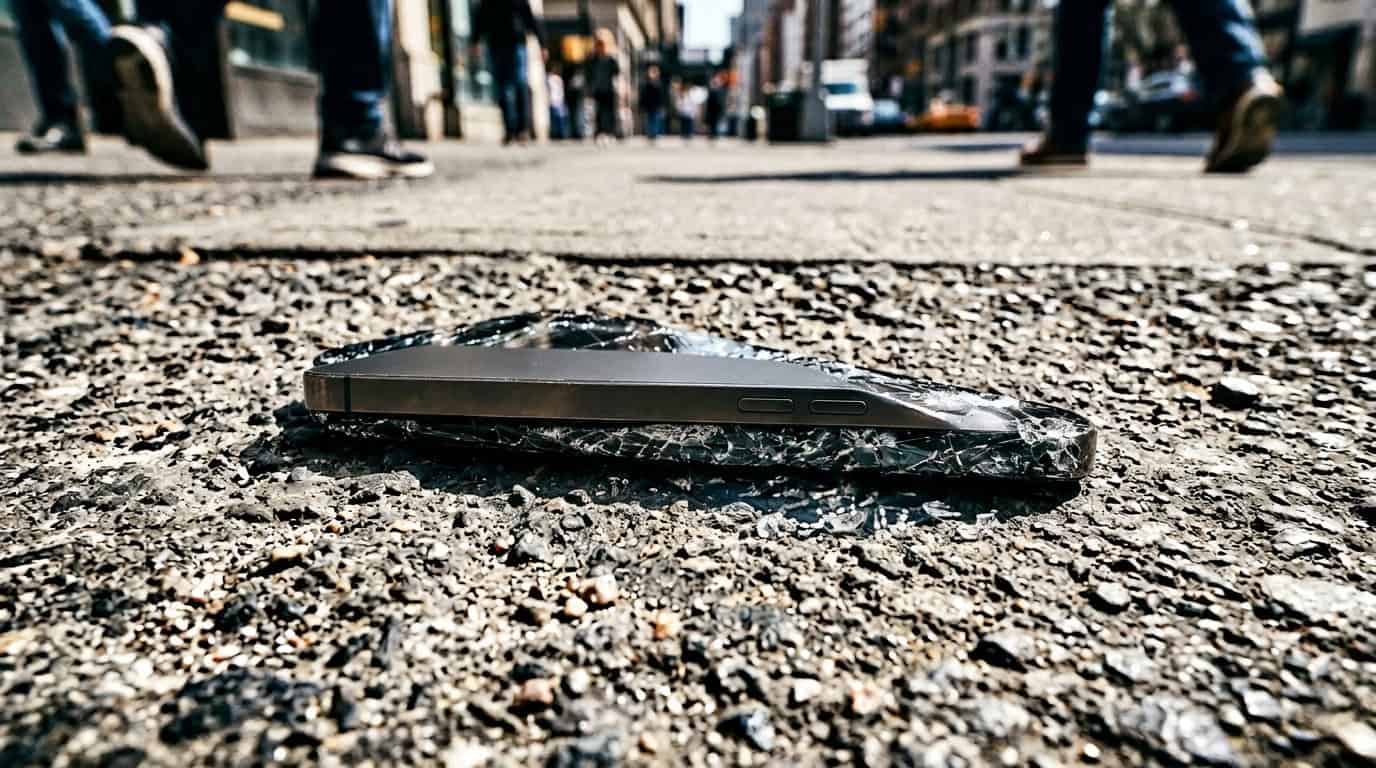 eSIM vs Physical SIM: Which Is Better? 8 A premium smartphone lying on rough pavement with a completely shattered glass display.