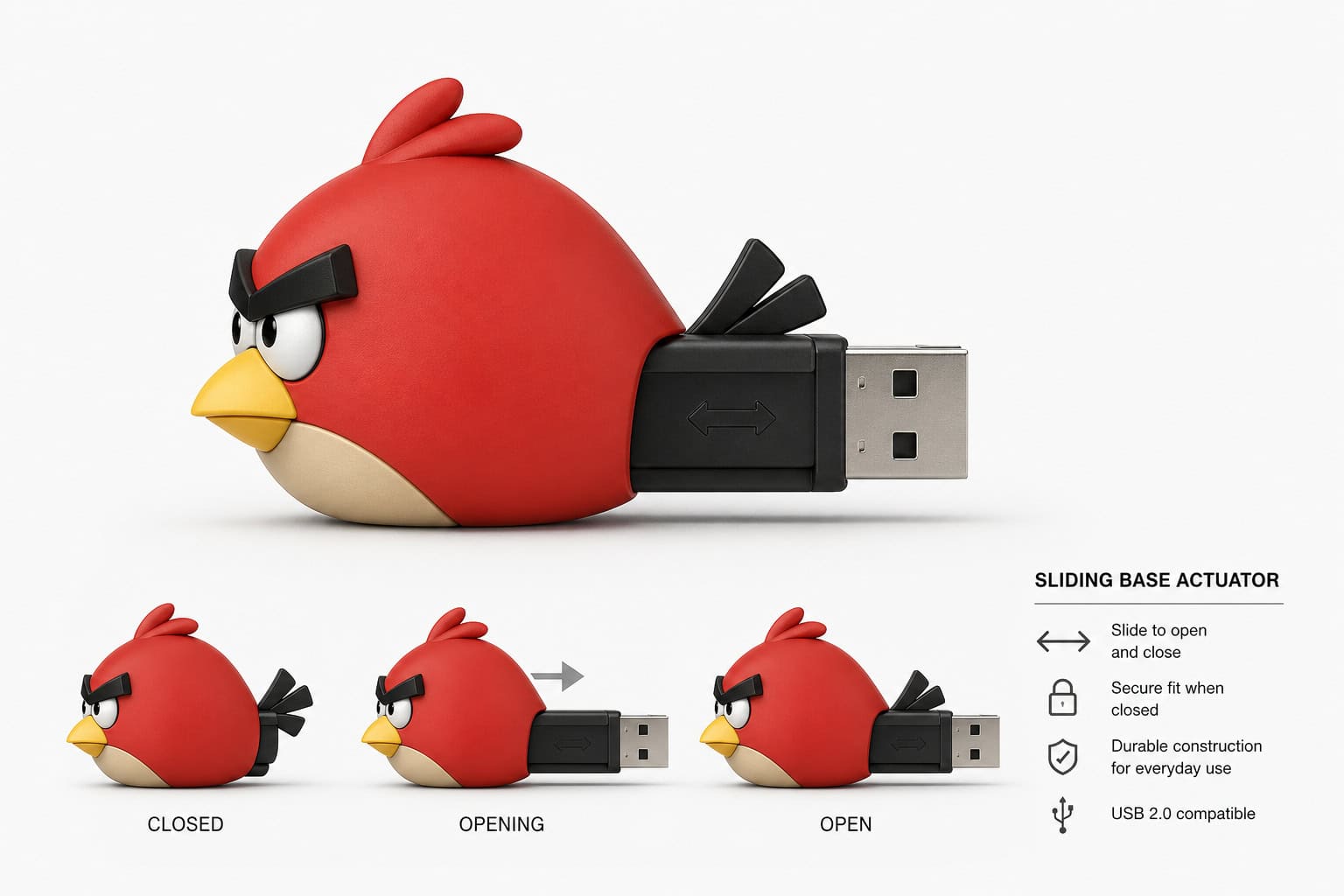 USB Angry Bird flash drive with sliding base actuator for easy opening and closing.