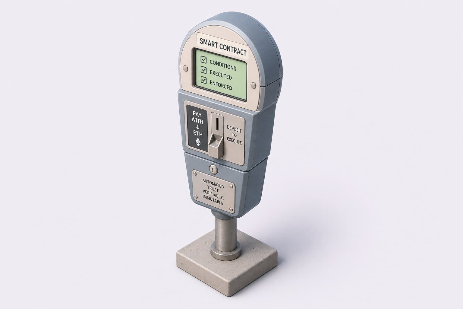 Modern smart contract payment kiosk for cryptocurrency transactions, featuring a digital display and options for conditions, execution, and funding, ideal for blockchain tech.