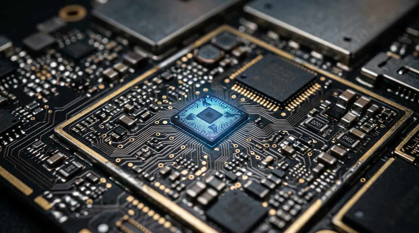 eSIM vs Physical SIM: Which Is Better? 3 Extreme close-up of an integrated embedded SIM chip soldered directly onto a smartphone motherboard.