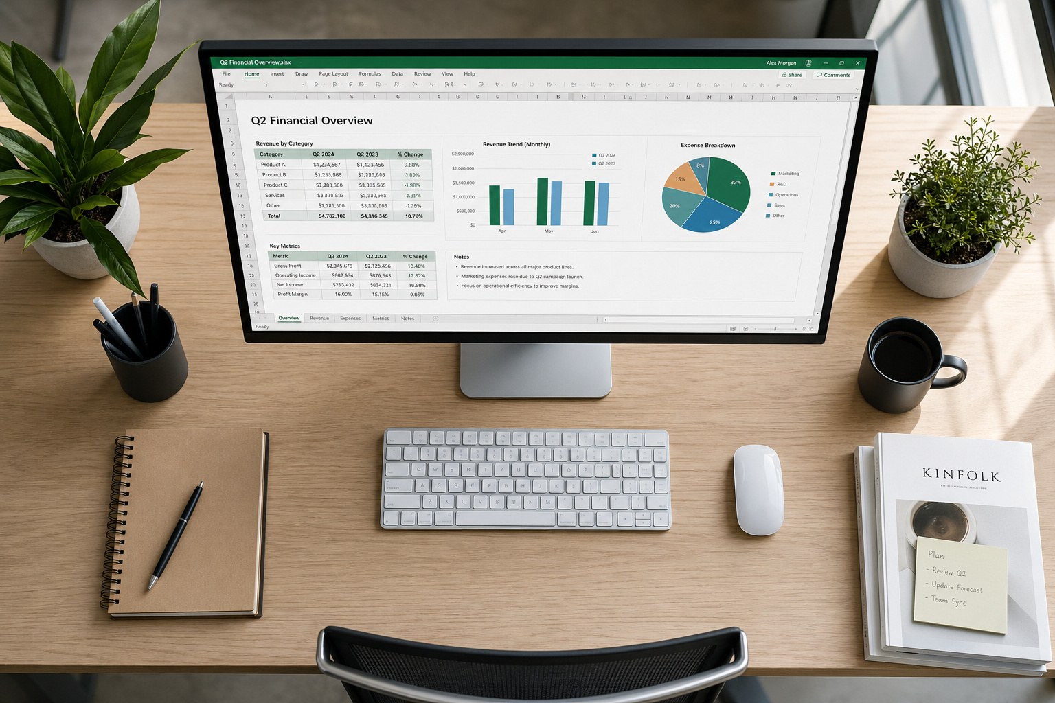 Modern office workspace with a computer monitor displaying financial data, charts, and graphs for business analysis and decision-making.