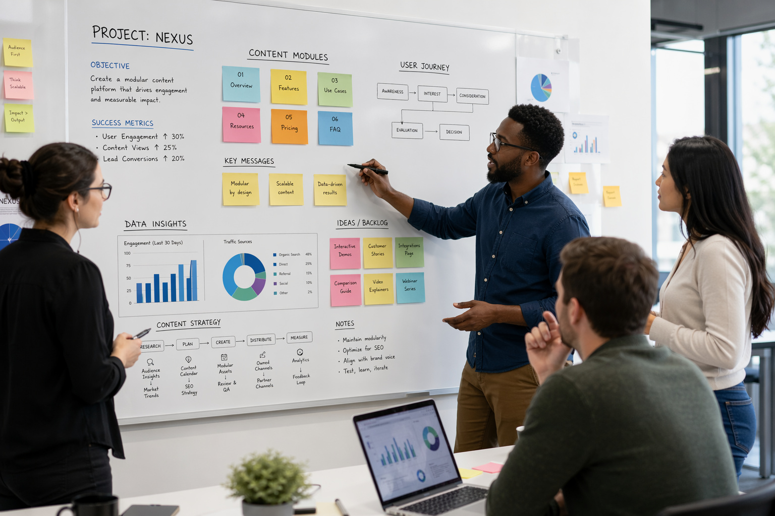 Team collaborating on project planning and data analysis in a modern office setting.